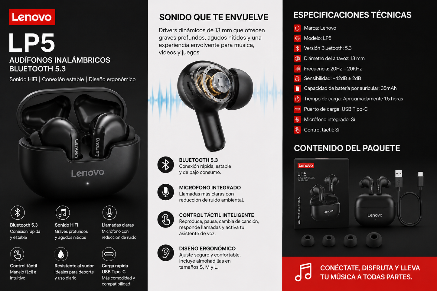 Lenovo LP5 – Audífonos Inalámbricos Bluetooth 5.3 con Sonido HiFi