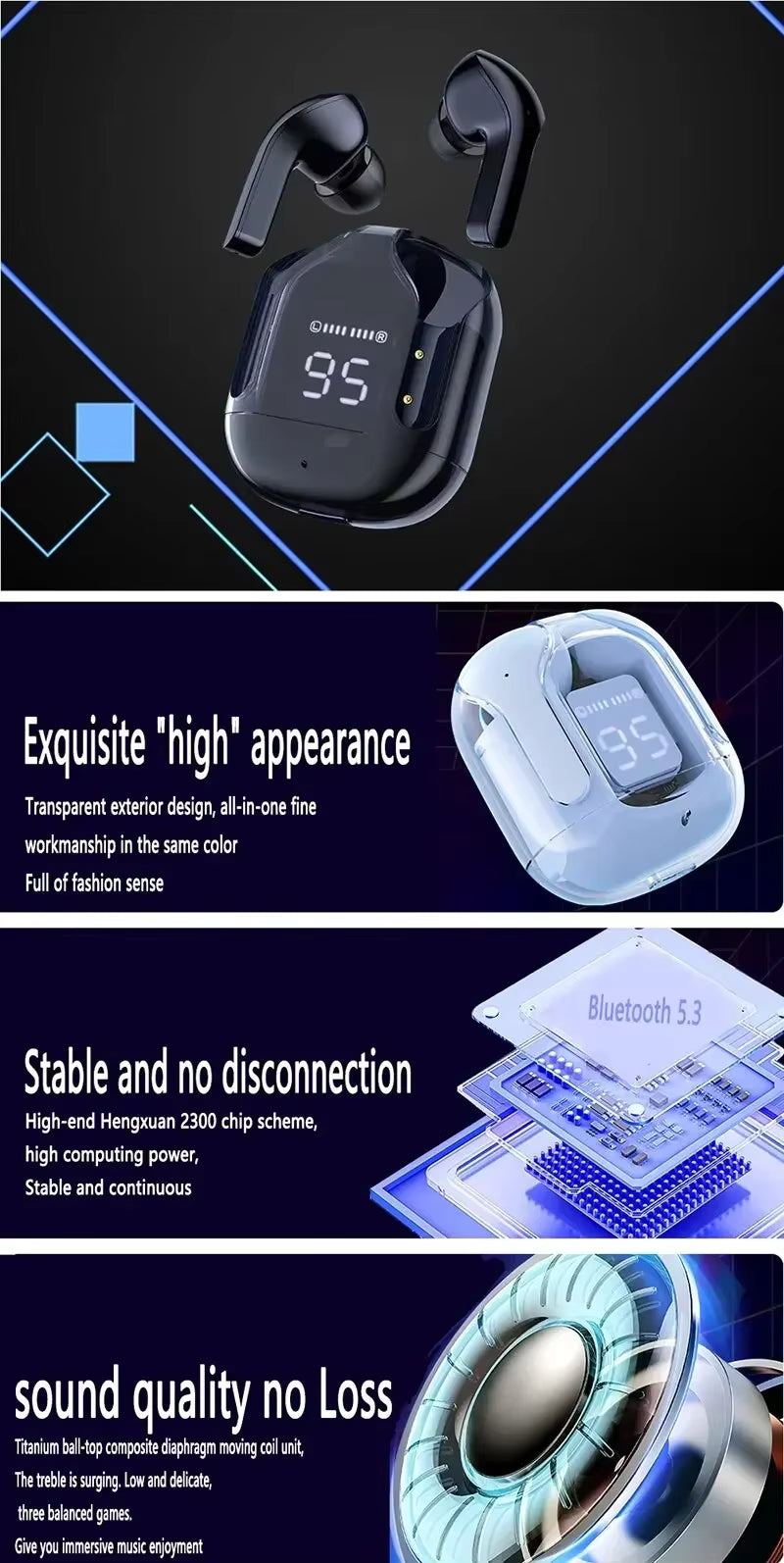 Auriculares Inalámbricos T2 Bluetooth Transparente con Pantalla LED