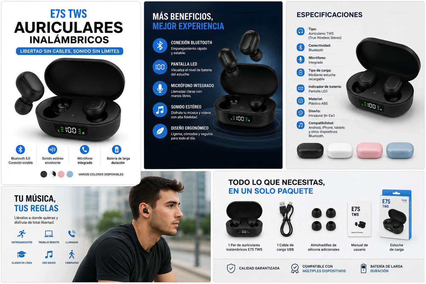 Auriculares Inalámbricos E7S TWS Bluetooth con Pantalla LED y Estuche de Carga