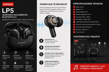 Lenovo LP5 – Audífonos Inalámbricos Bluetooth 5.3 con Sonido HiFi