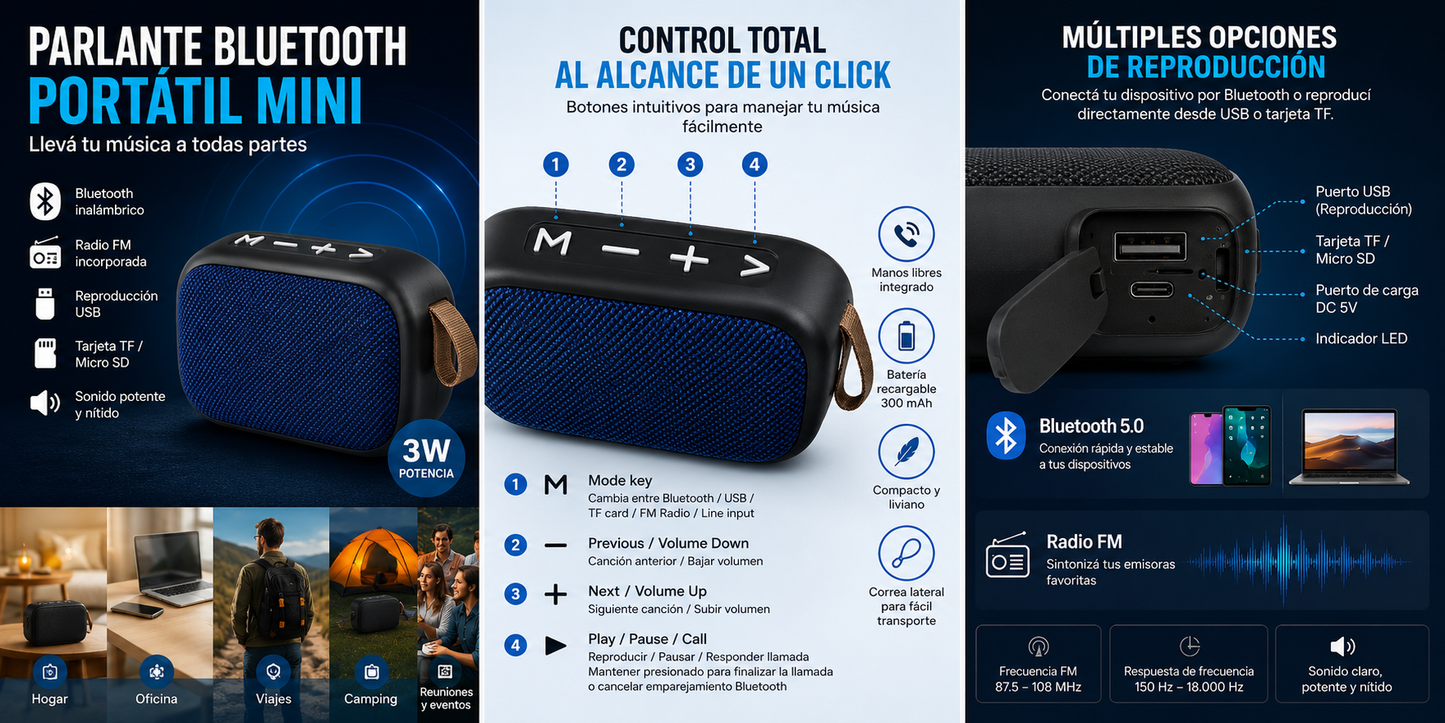 Parlante Bluetooth Portátil Mini | Sonido Potente, Radio FM y Reproducción MP3