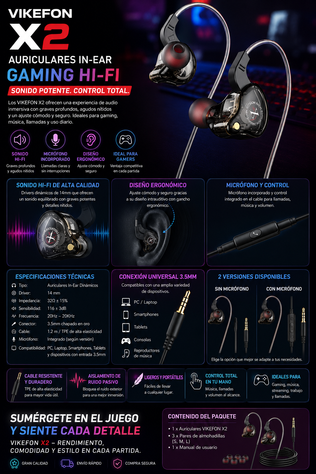 🎧 Auriculares In-Ear VIKEFON X2 Hi-Fi Gaming y Deportivos