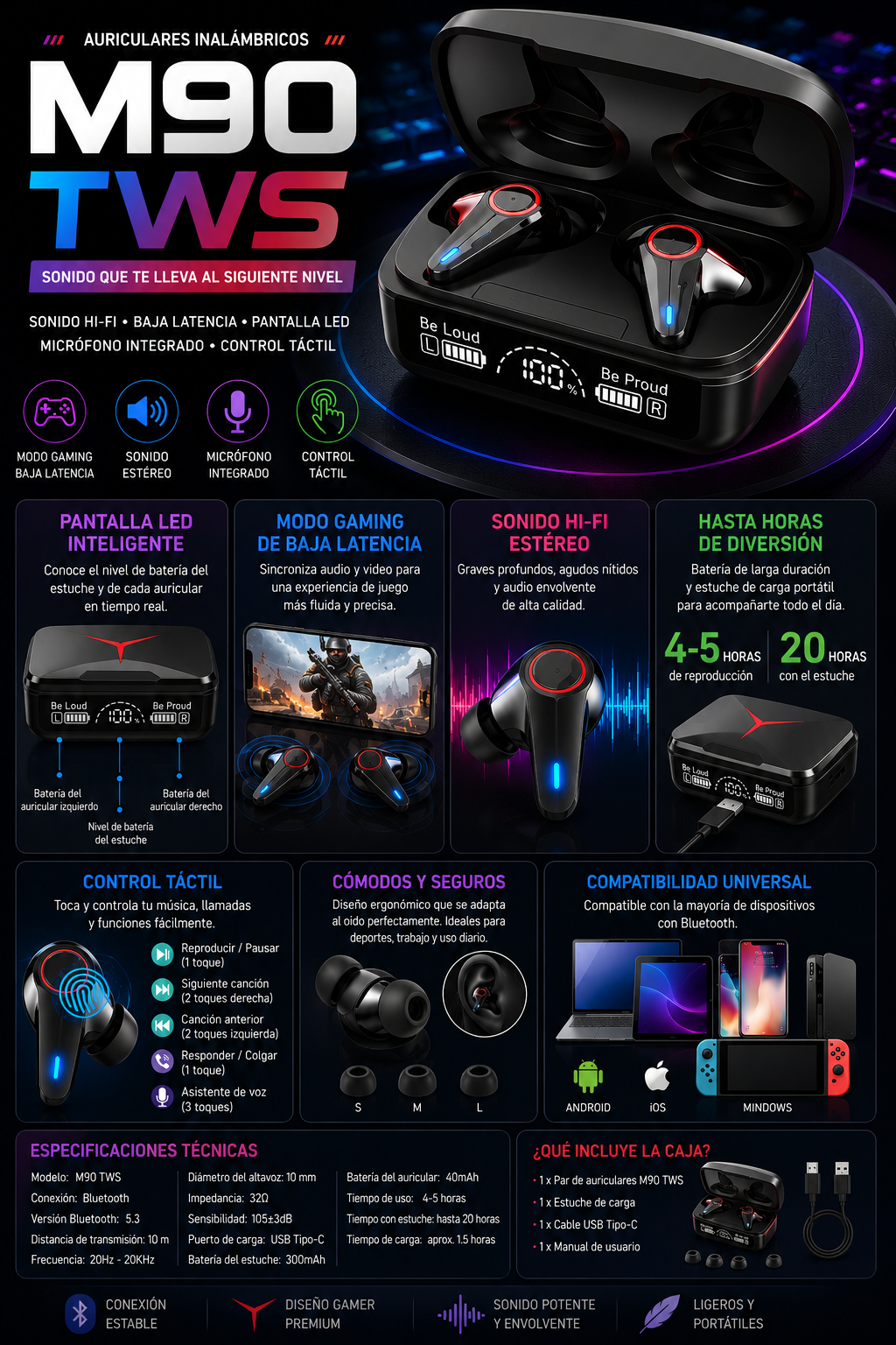 🎧 Auriculares Inalámbricos M90 TWS Gaming Bluetooth con Pantalla LED